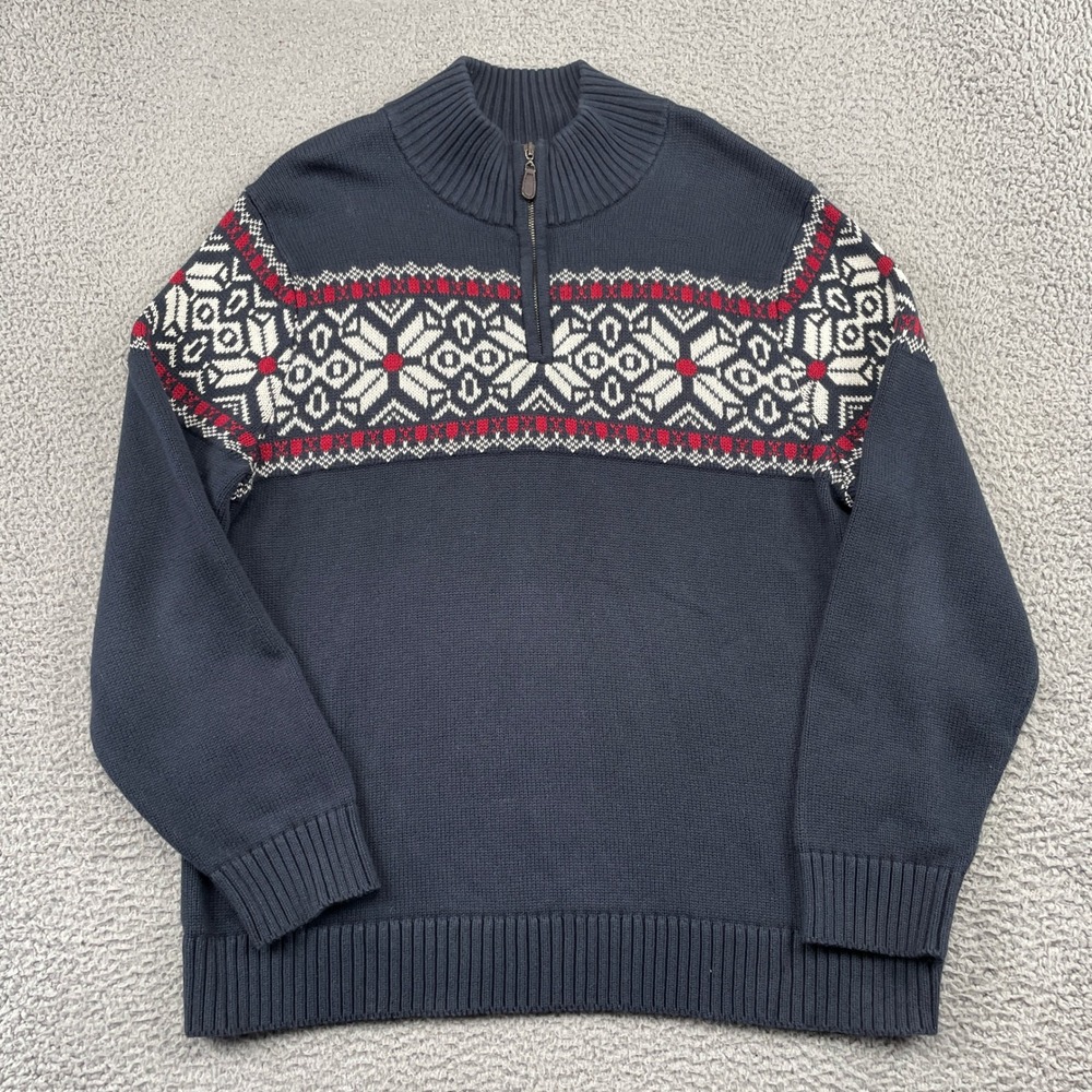 LL Bean Sweater Mens XL Blue Fair Isle Snowflake 1/4 Zip Cotton Pullover Knit